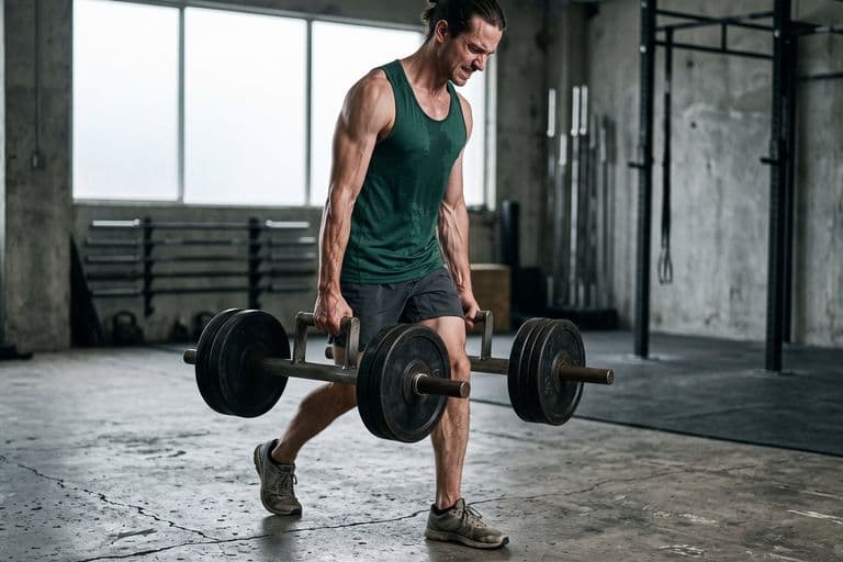 A visibly lean runner using a heavy farmers-carry with two loaded handles, walking across a concrete gym floor, clearly out of their comfort zone