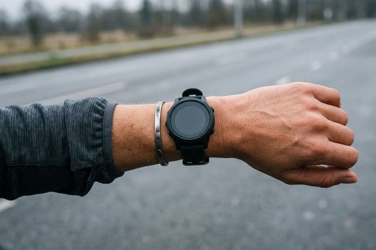 A close detail of a runner's wrist and sports watch mid-run, arm bent, shallow depth of field, grey road blurred behind