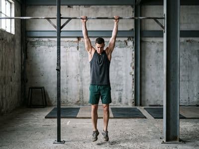 An athlete hanging at full stretch from a pull-up bar in a bare industrial gym, feet clear of the floor, testing rather than performing
