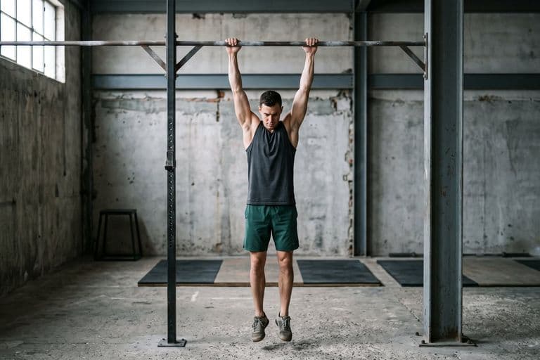 An athlete hanging at full stretch from a pull-up bar in a bare industrial gym, feet clear of the floor, testing rather than performing