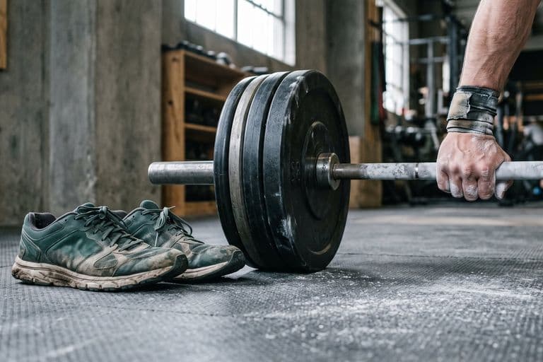 A pair of well-worn running shoes on a gym floor beside a loaded barbell and a chalked hand, mid-session, nobody in frame from the knees up