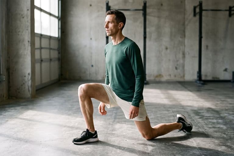 A runner in a half-kneeling hip-flexor stretch on a concrete gym floor, front knee bent, torso upright, low side light raking across the floor