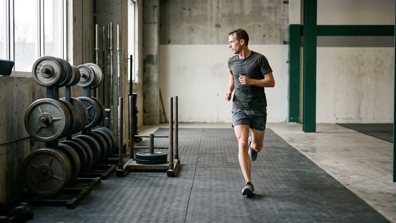 A lean distance runner mid-stride on an indoor floor, passing a rack of loaded barbells and a sled
