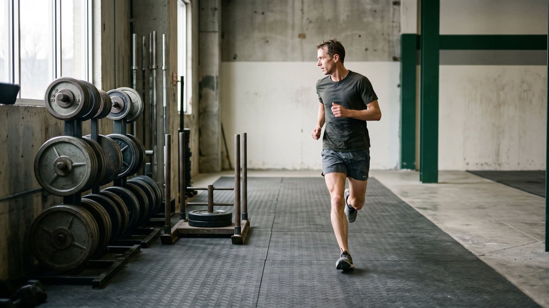 A lean distance runner mid-stride on an indoor floor, passing a rack of loaded barbells and a sled