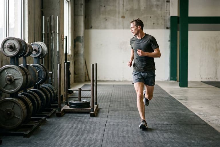 A lean distance runner mid-stride on an indoor floor, passing a rack of loaded barbells and a sled