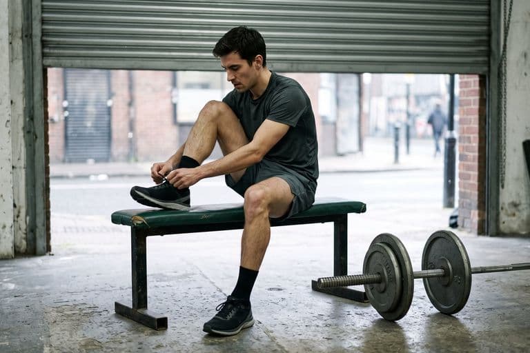 A runner sitting on a gym bench lacing a shoe with a loaded barbell resting on the floor beside them, the roller door open onto grey daylight behind