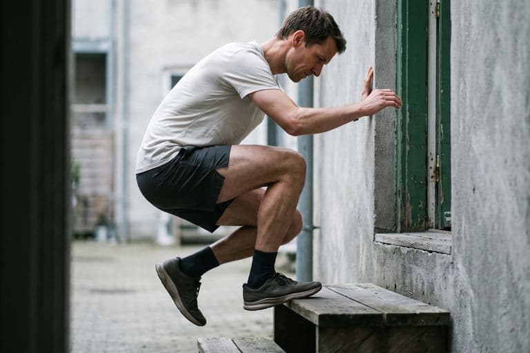 A close low-angle view of a runner performing a single-leg calf raise on the edge of a wooden step, one heel dropped below the step, hand resting lightly on a concrete wall for balance