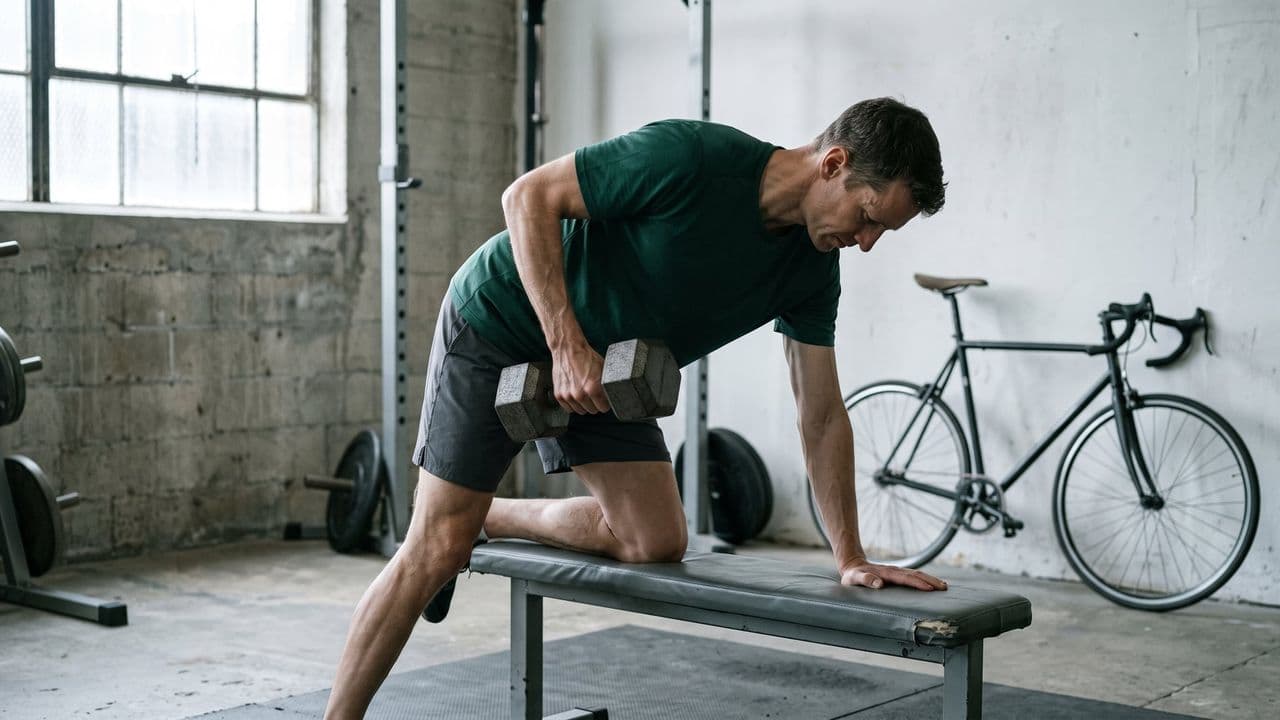 A triathlete in a gym performing a heavy single-arm dumbbell row with a road bike leaning against the concrete wall behind them, out of focus