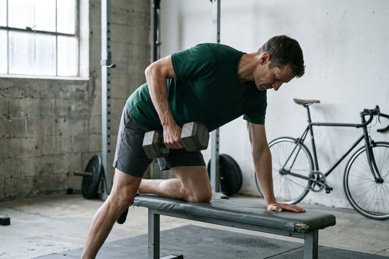 A triathlete in a gym performing a heavy single-arm dumbbell row with a road bike leaning against the concrete wall behind them, out of focus