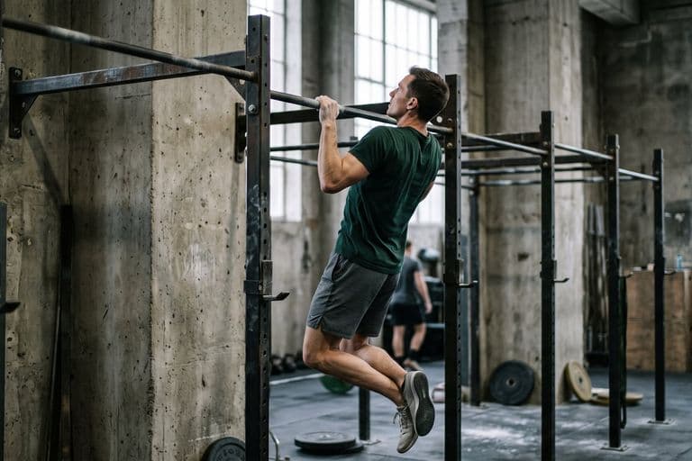 A lean athlete mid-pull-up on a steel rig in an industrial gym, concrete and high windows behind
