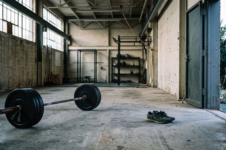 A quiet empty industrial gym at first light, a barbell loaded on the floor and a pair of running shoes by the door, nobody in the frame