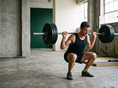 A lean distance runner in their early thirties at the bottom of a heavy barbell back squat in a spare industrial strength gym