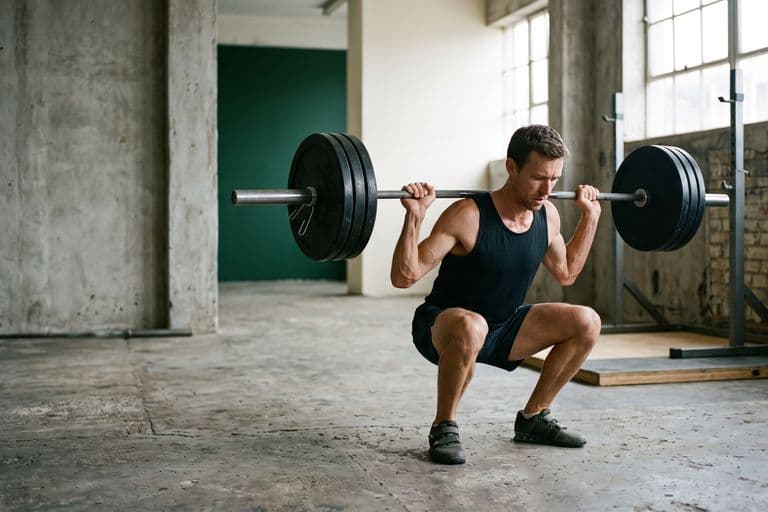 A lean distance runner in their early thirties at the bottom of a heavy barbell back squat in a spare industrial strength gym