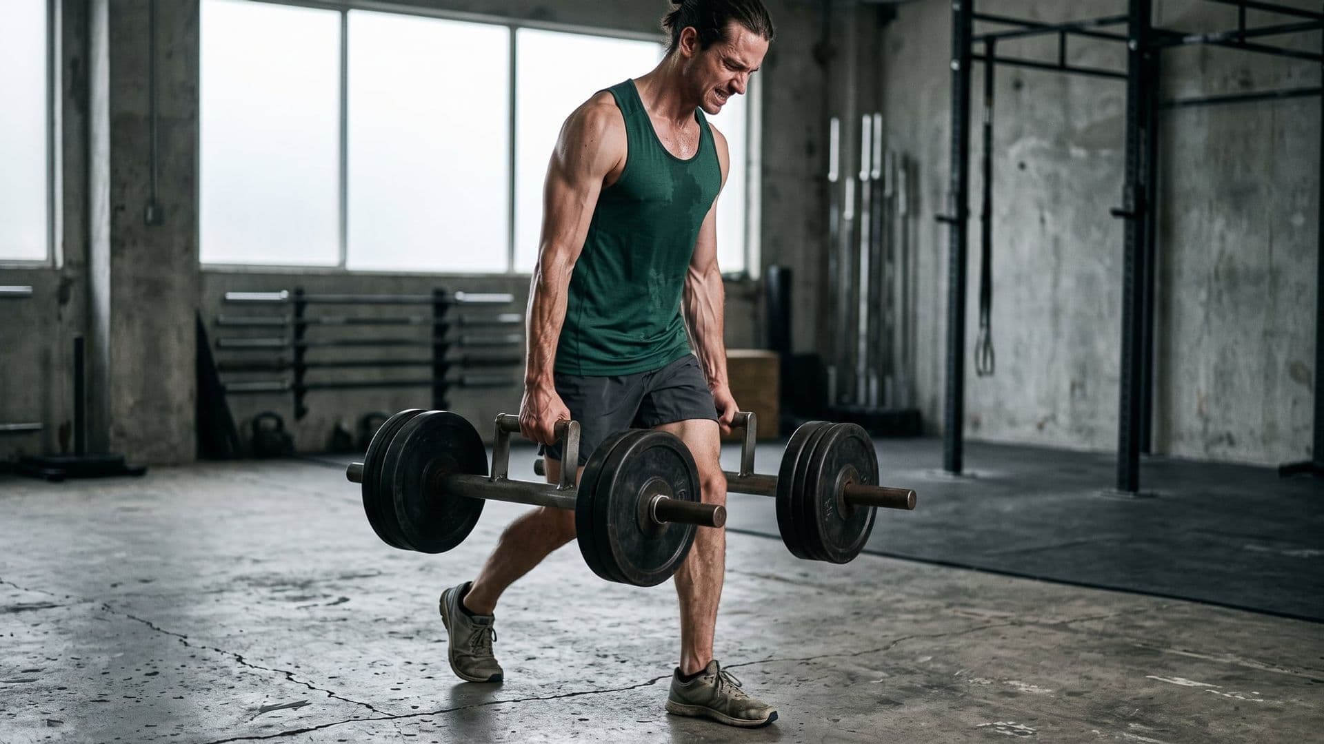A visibly lean runner using a heavy farmers-carry with two loaded handles, walking across a concrete gym floor, clearly out of their comfort zone
