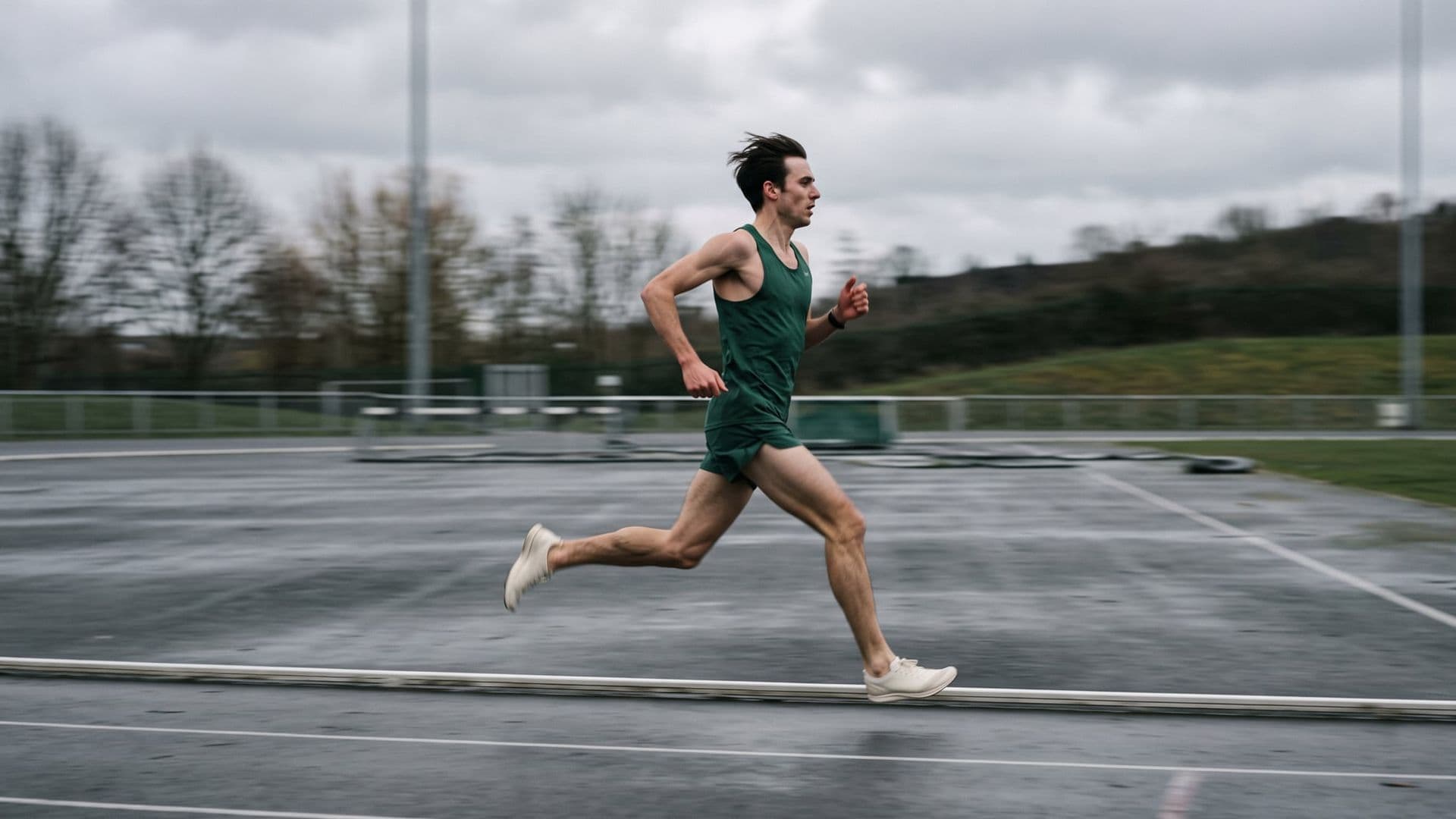 A runner at speed on an outdoor athletics track in flat overcast light