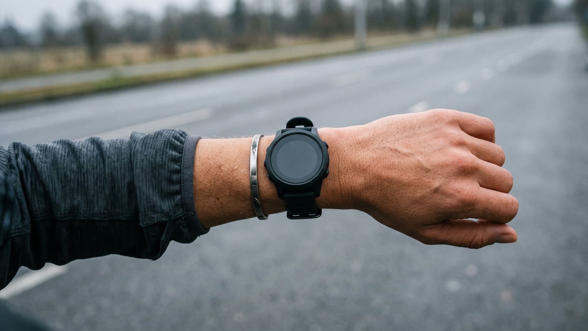 A close detail of a runner's wrist and sports watch mid-run, arm bent, shallow depth of field, grey road blurred behind