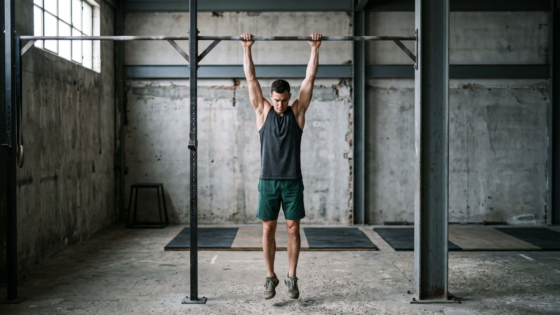 An athlete hanging at full stretch from a pull-up bar in a bare industrial gym, feet clear of the floor, testing rather than performing