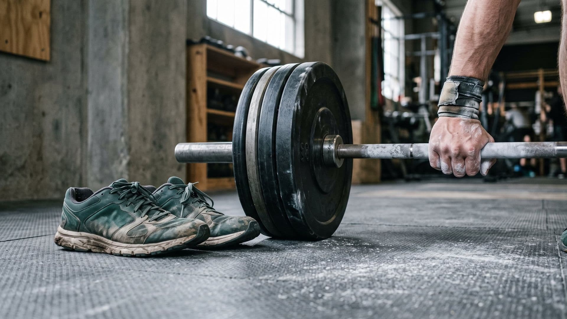 A pair of well-worn running shoes on a gym floor beside a loaded barbell and a chalked hand, mid-session, nobody in frame from the knees up