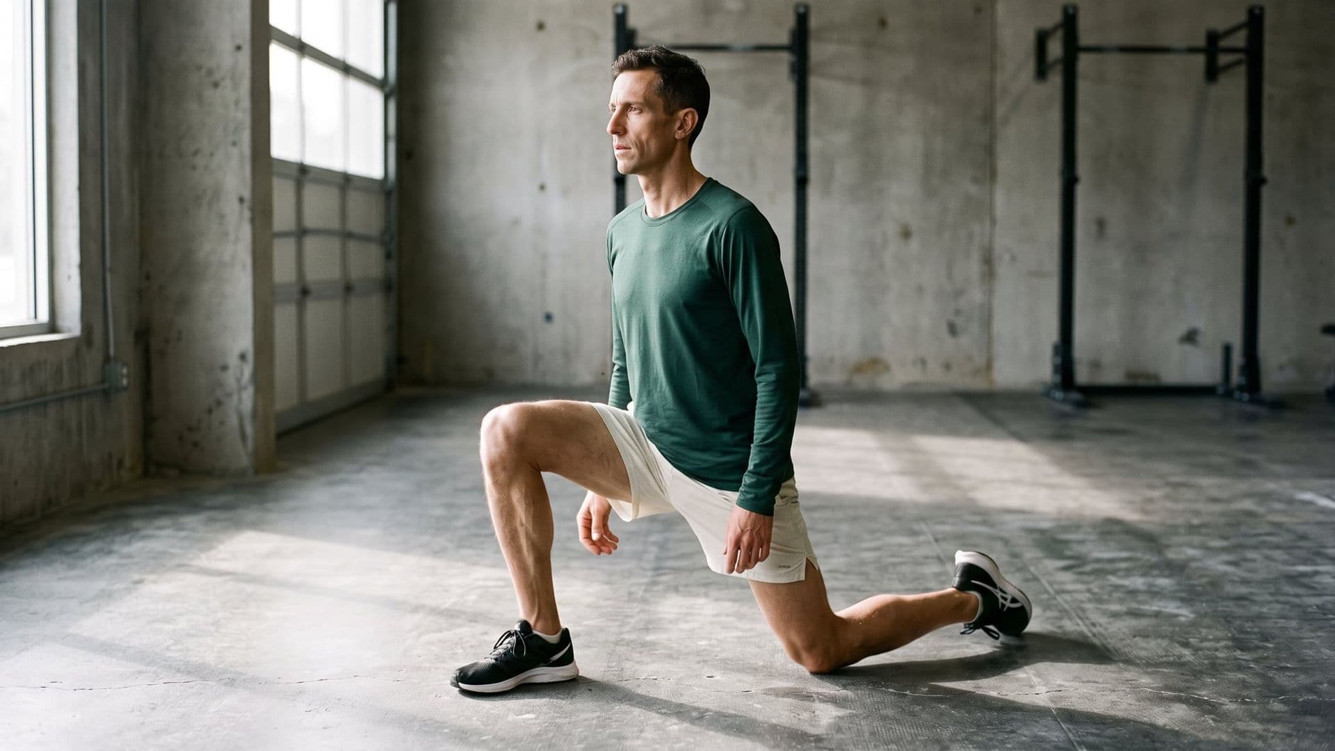 A runner in a half-kneeling hip-flexor stretch on a concrete gym floor, front knee bent, torso upright, low side light raking across the floor