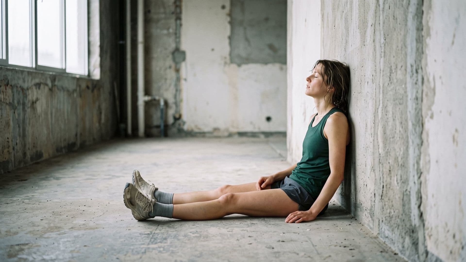 A runner sitting on a concrete floor after a session, legs extended, head tipped back against the wall, morning light across the room, completely still