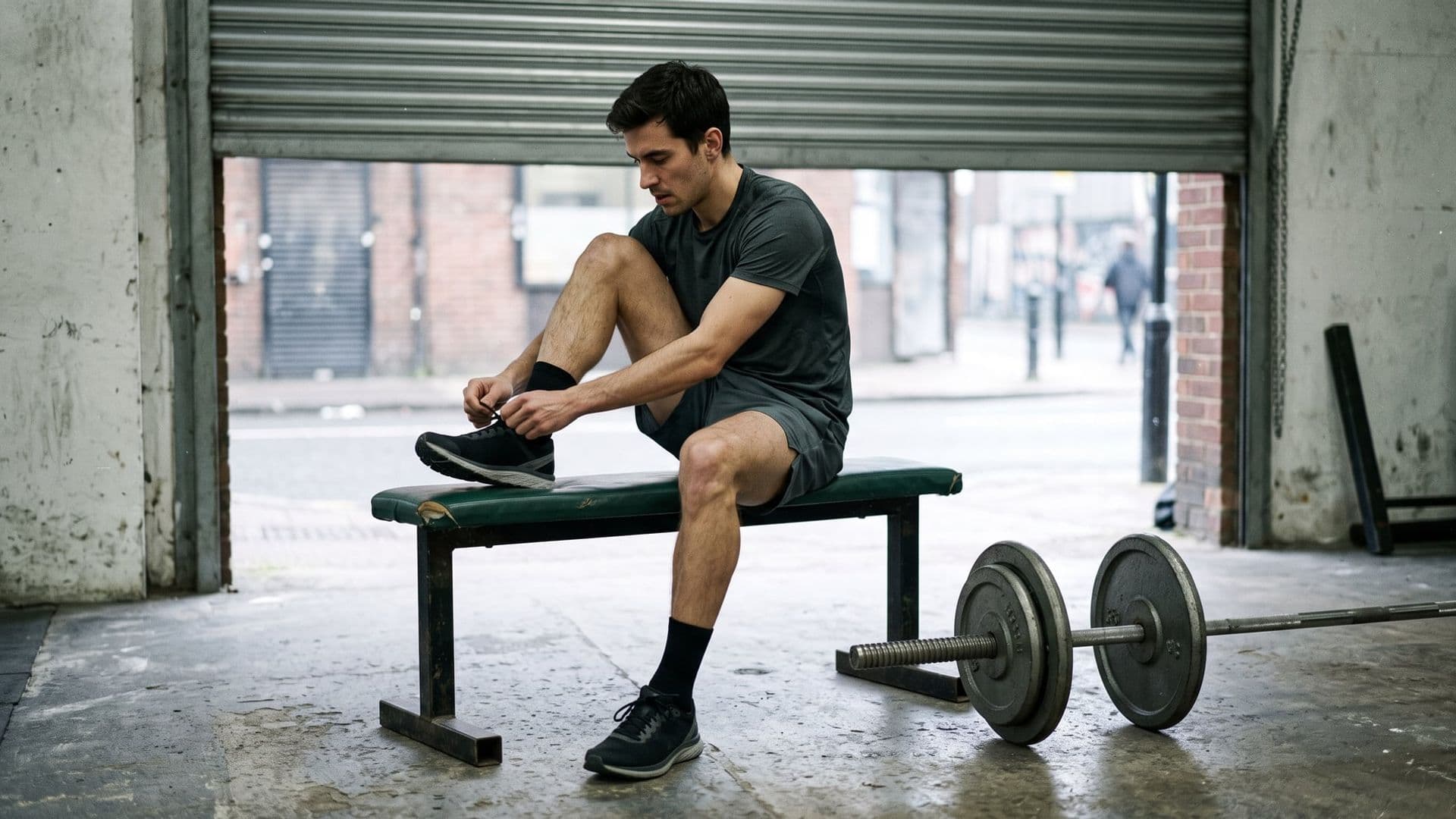 A runner sitting on a gym bench lacing a shoe with a loaded barbell resting on the floor beside them, the roller door open onto grey daylight behind