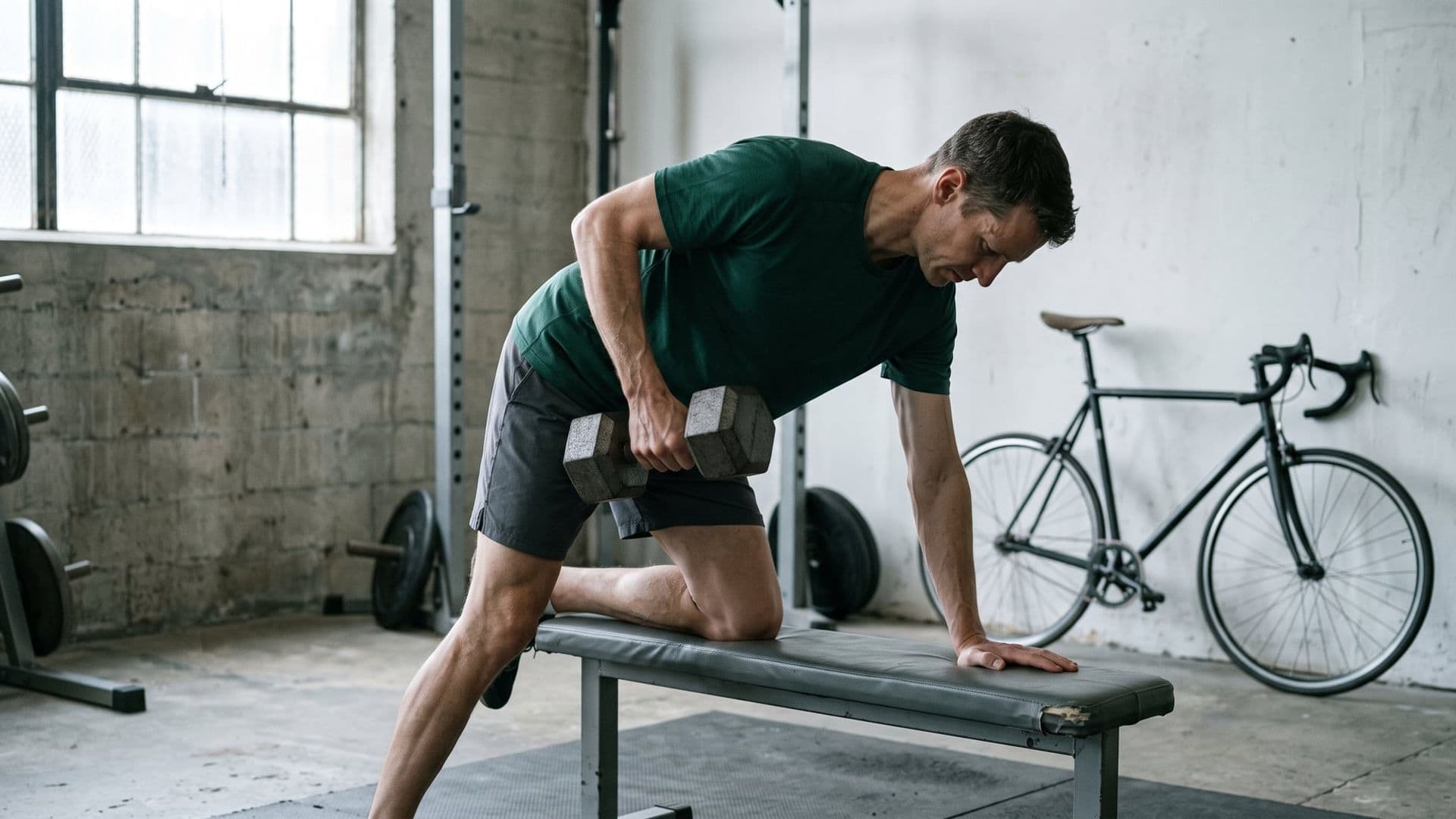 A triathlete in a gym performing a heavy single-arm dumbbell row with a road bike leaning against the concrete wall behind them, out of focus