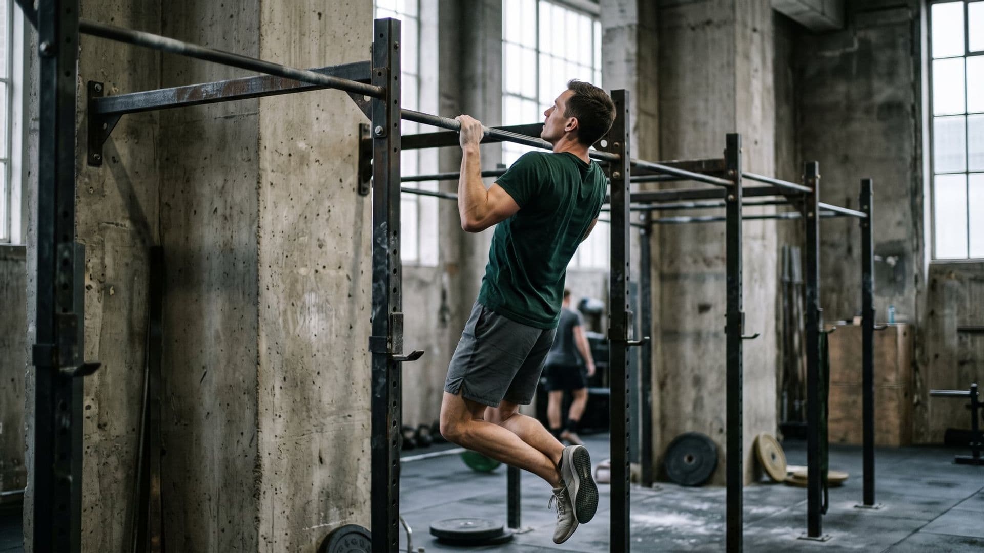A lean athlete mid-pull-up on a steel rig in an industrial gym, concrete and high windows behind