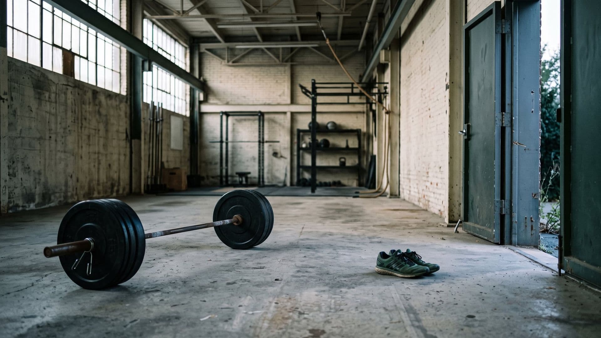 A quiet empty industrial gym at first light, a barbell loaded on the floor and a pair of running shoes by the door, nobody in the frame