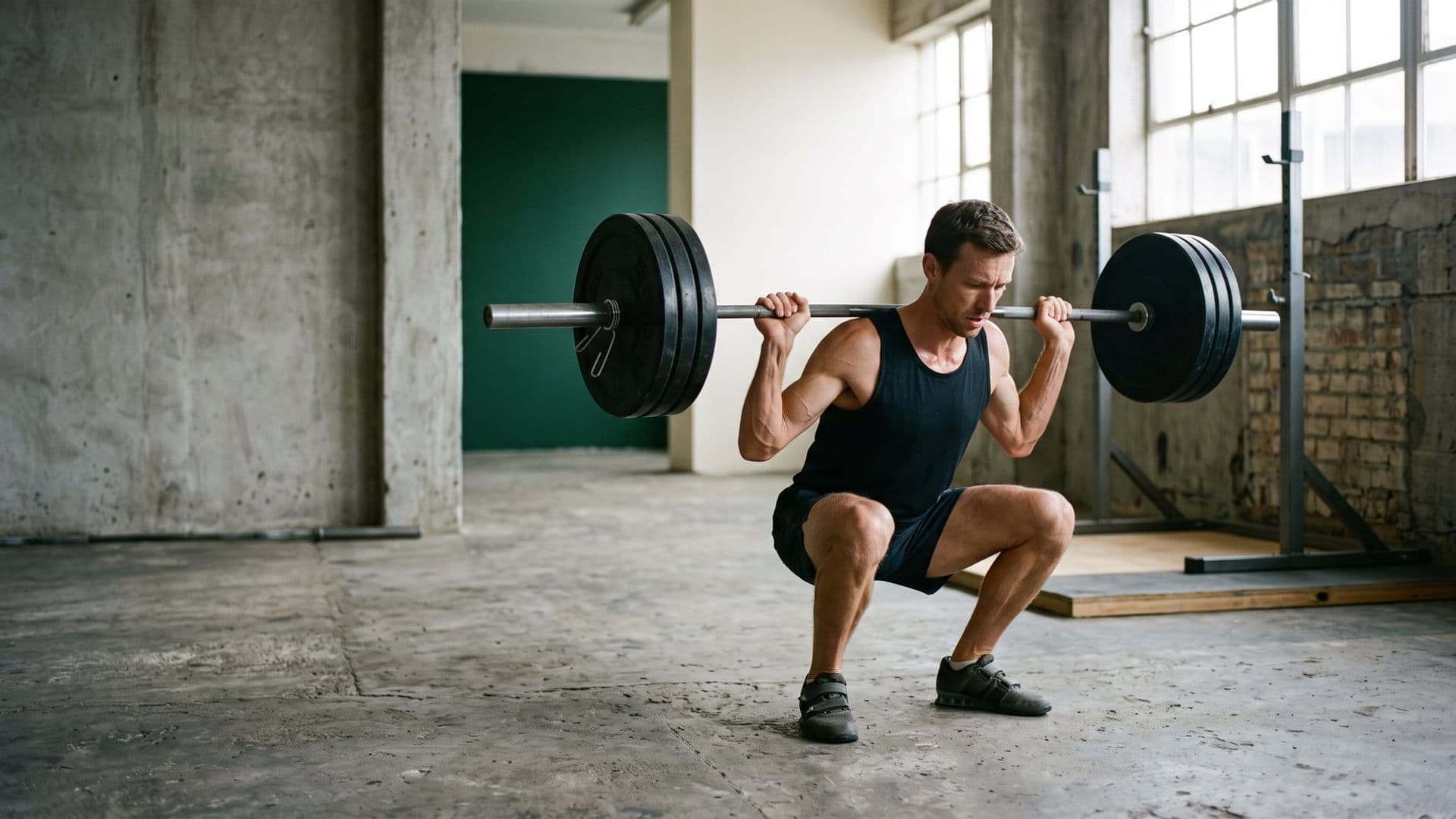 A lean distance runner in their early thirties at the bottom of a heavy barbell back squat in a spare industrial strength gym