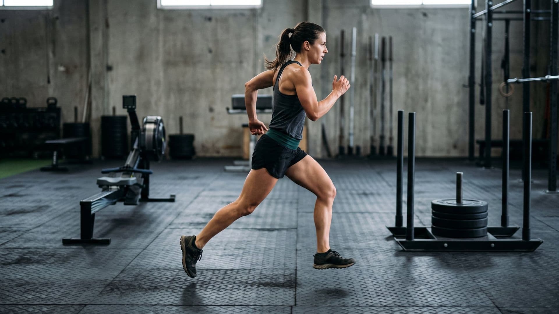 An athlete mid-stride running between stations on a rubber-matted indoor floor, an unbranded loaded sled and a rowing machine out of focus behind them